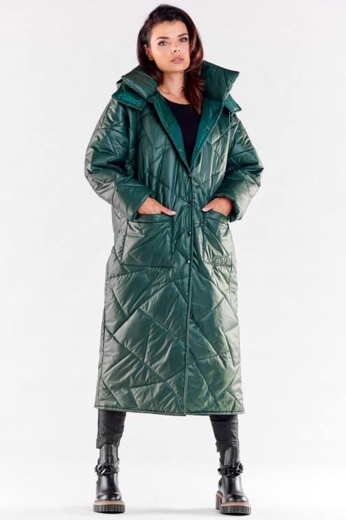 CM6994 Długi pikowany płaszcz z kieszeniami - butelkowa zieleń