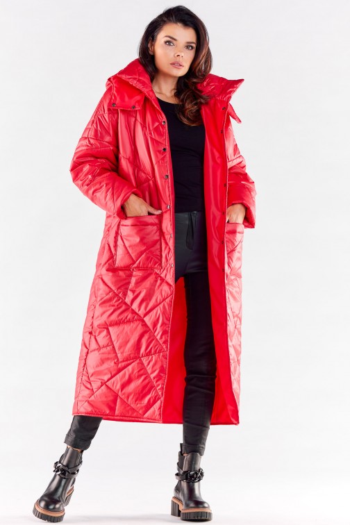 CM6994 Długi pikowany płaszcz z kieszeniami - czerwony
