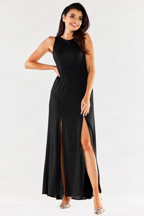 CM7038 Długa sukienka maxi z rozcięciami - czarna