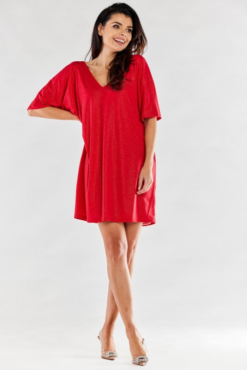 CM7046 Luźna sukienka z krótkim rękawem - czerwona