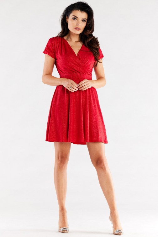 CM7047 Rozkloszowana sukienka z kopertową górą - czerwona