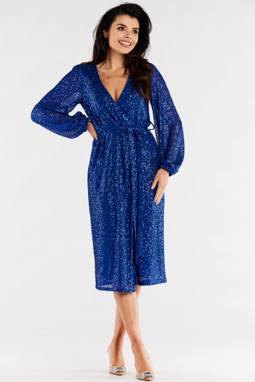 CM7056 Elegancka sukienka cekinowa midi - niebieska
