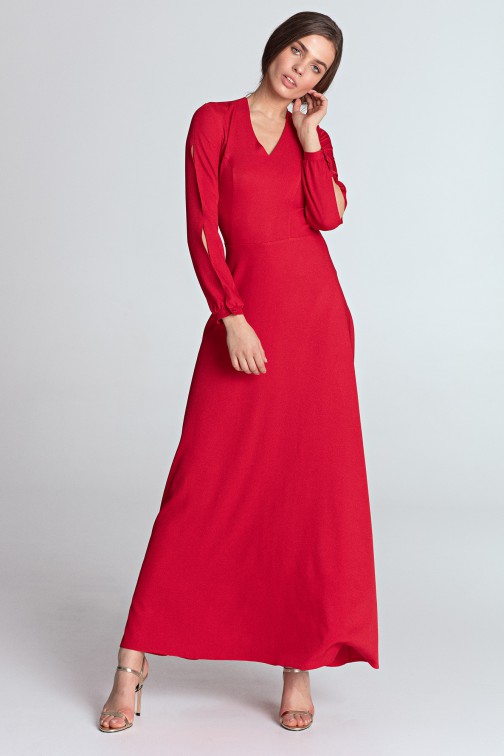 CM4397 Sukienka maxi z wycięciami na rękawach - czerwona